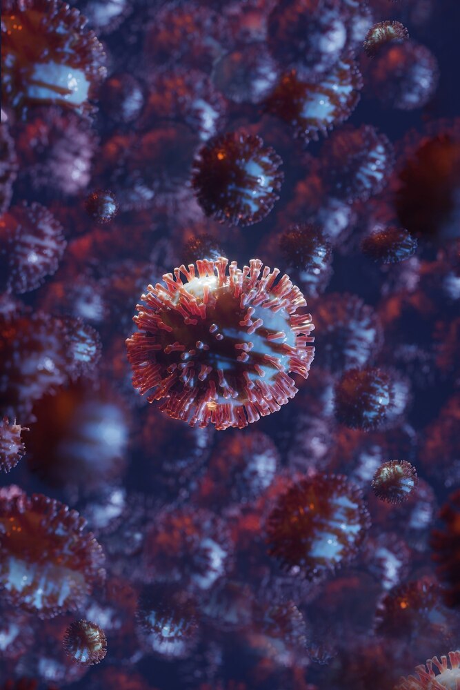 Global pandemic under the microscope, representation of coronavirus in macro. 3D render image.